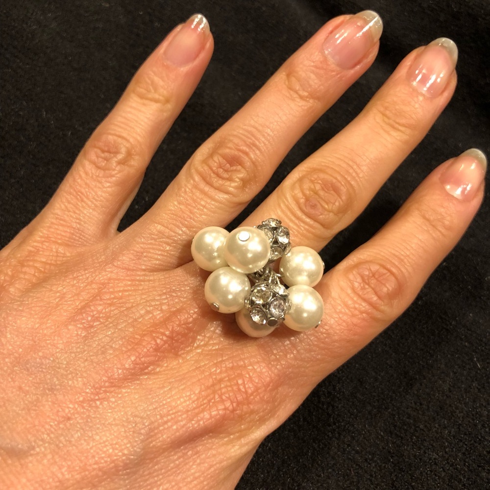 Faux pearl and crystal ring